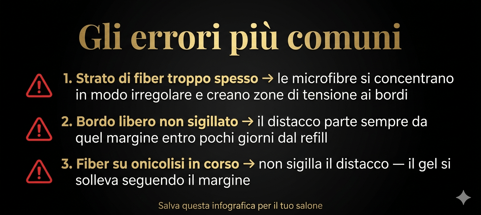 Infografica "Gli errori più comuni" nell'applicazione della base fiber su unghie fragili — Hony Nails